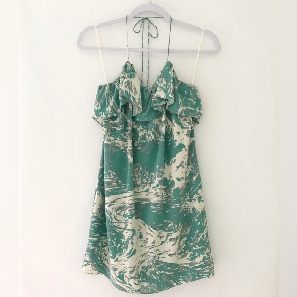 TIBI Silk Ruffled Mini Dress Halter Tie Water Color Print Green Ivory Gray